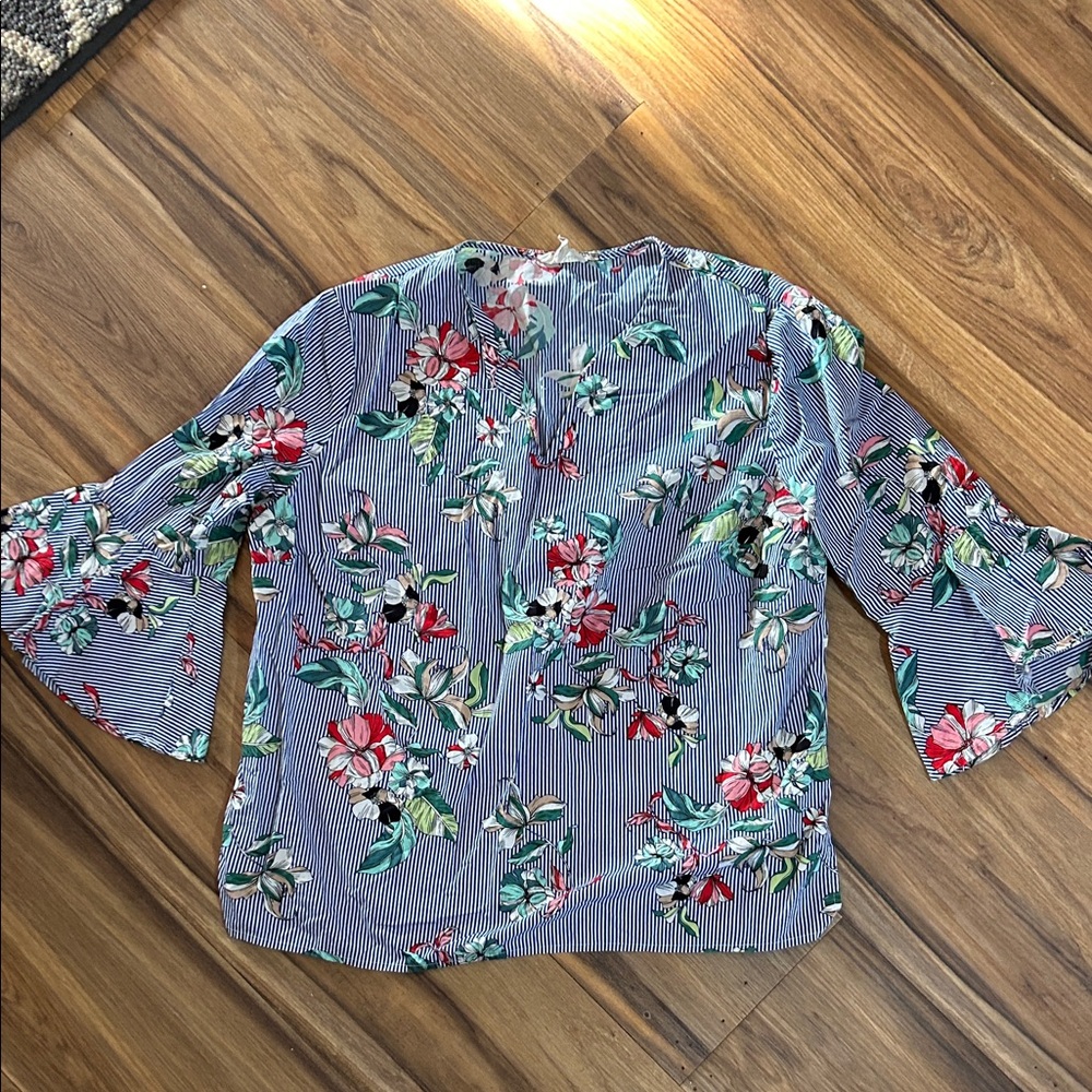Striped Floral Blouse with Bell Sleeves